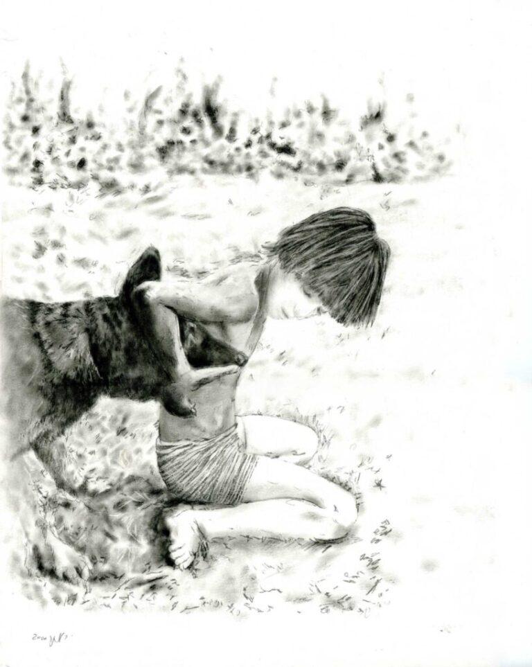 Eyal and His Dog - Charcoal painting
