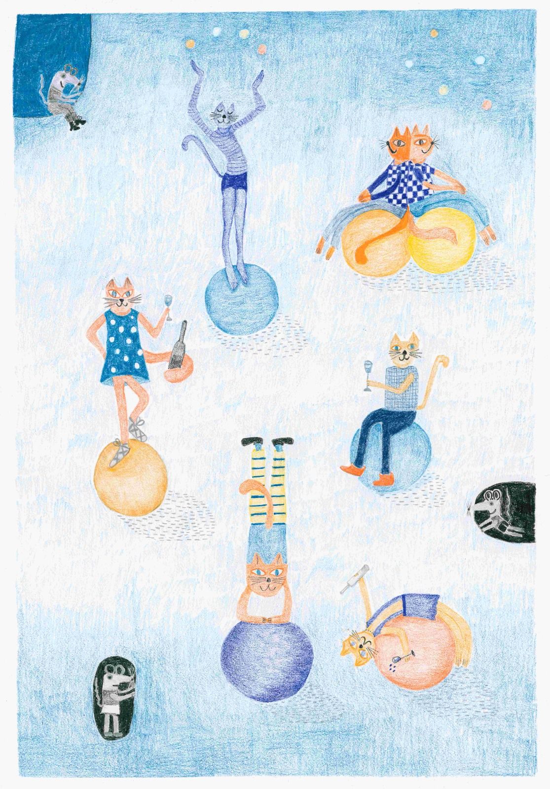 Cat on Blue Ball and Friends