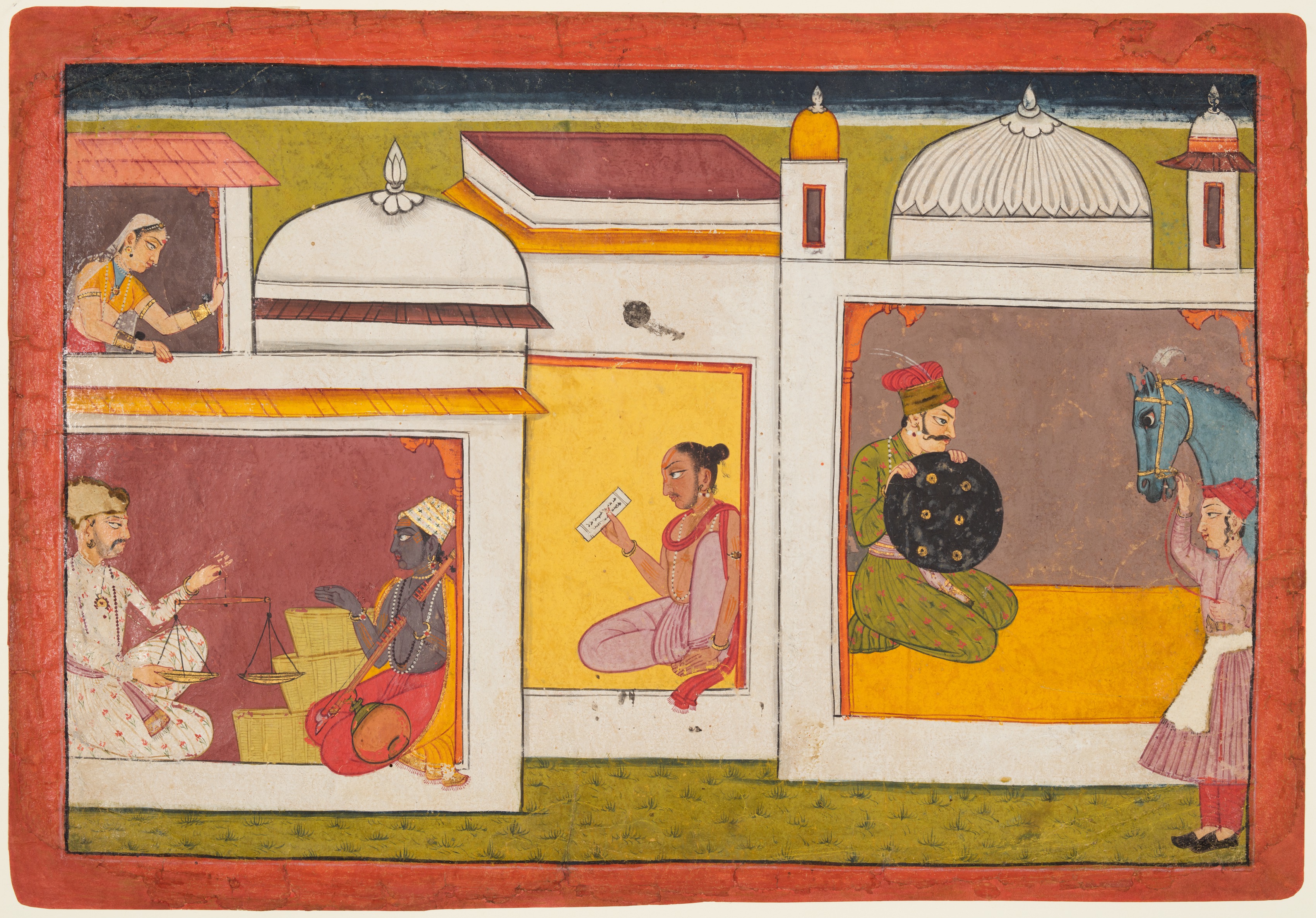 Madhava faces a man holding a scale, folio 1 from a Madhavanala-Kamakandala