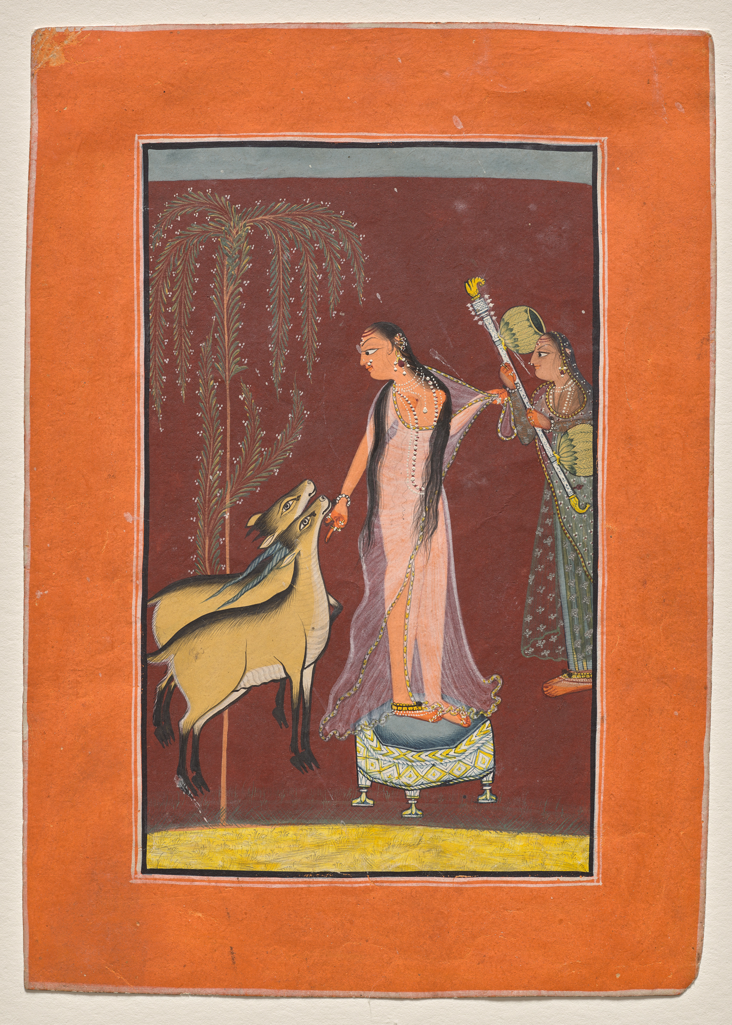 Heroine with attendant and a pair of deer