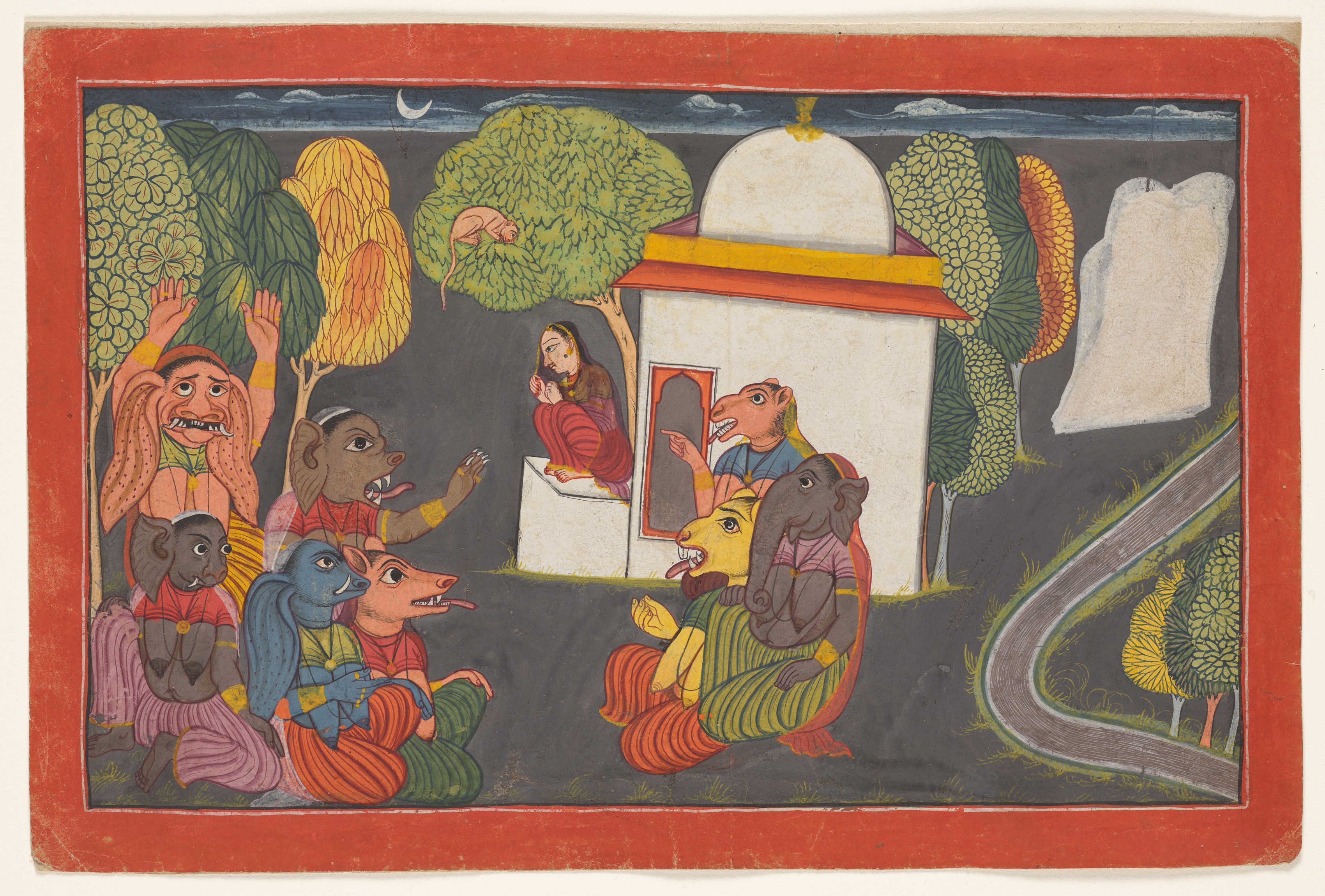 Hanuman spies Sita in the Ashoka Grove, from the “Shangri” Ramayana